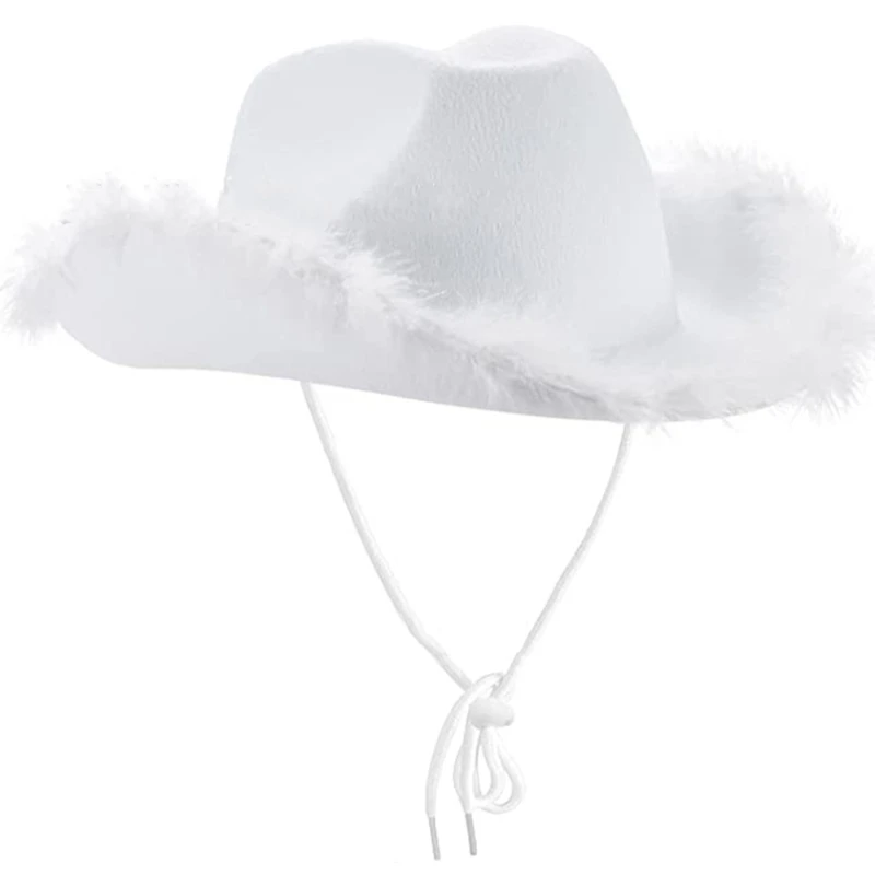 Beautiful Wide Brim Pink Cowgirl Hat Feather Brim Cowboy Hat All-match for Carnival Cosplay Street Shooting