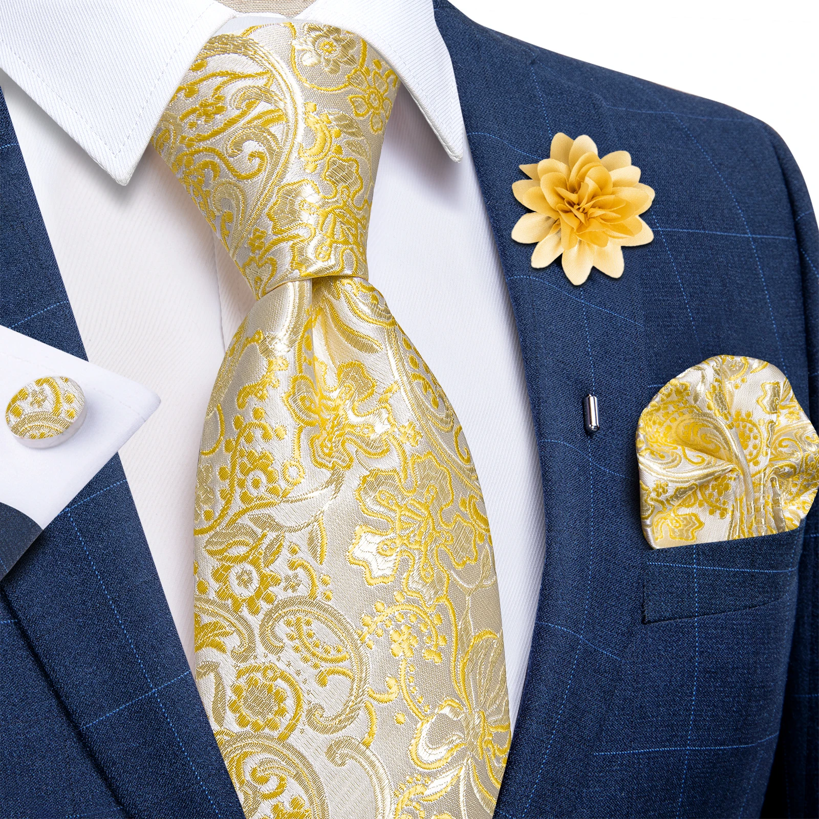2023 New Classic Green Blue Paisley Silk Ties For Men Handkerchief Cufflinks Brooch Pin Wedding Accessories Men Gift Dropship