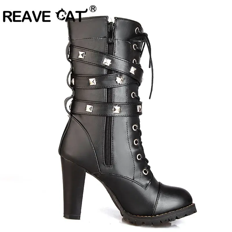 REAVE CAT Women Mid Calf Boots Thick High Heels Round Platform Buckle Zipper Rivets Lace Up Leather Botas Winter Fur 43 QA3646