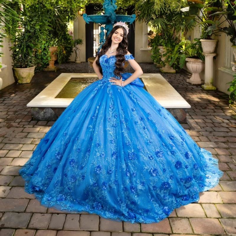 Luxury Sku Blue Quinceanera Dress Sweetheart Sequin Applique Lace Beads Crystal Flower Bow Tull Ball Gown Vestidos De 15 Anos XV Brithday Sweet 16 Dre