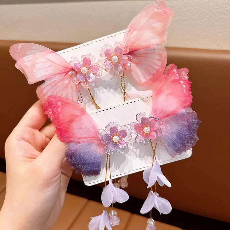Children's Cute Tulle Butterfly Tassel Hairpins Pearl Handmade Hair Clip Small Fresh Fairy Side Barrettes Antique Headwear