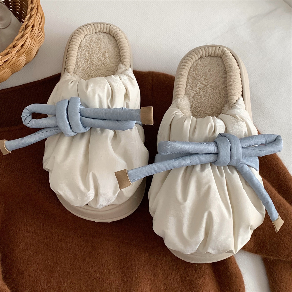 Sweet contrast color bow Family Slippers Women Girls Cute fluffy winter warm plush indoor flats Bedroom slide casual women's cotton slippers