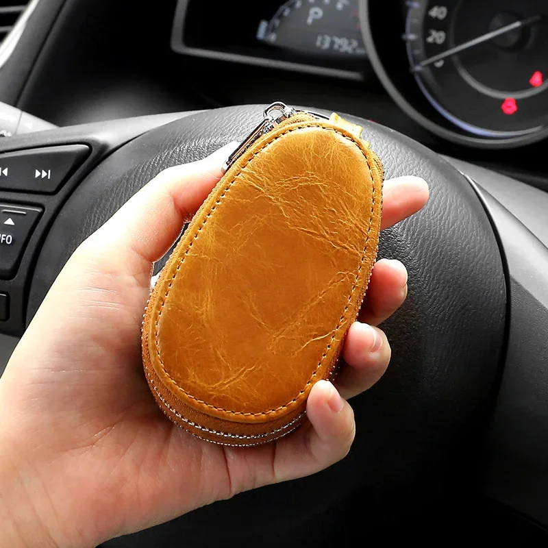 for Genuine Leather Keycase Men's Double-layer Zipper Car Keycase with Retro Top Layer Cowhide Keycase Keychain Wallet smile