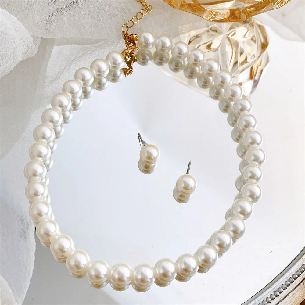 Vintage Simple Faux Pearl Necklace Earrings Jewelry Set for Women Temperament Regency Crystal Choker Banquet Wedding Accessorie
