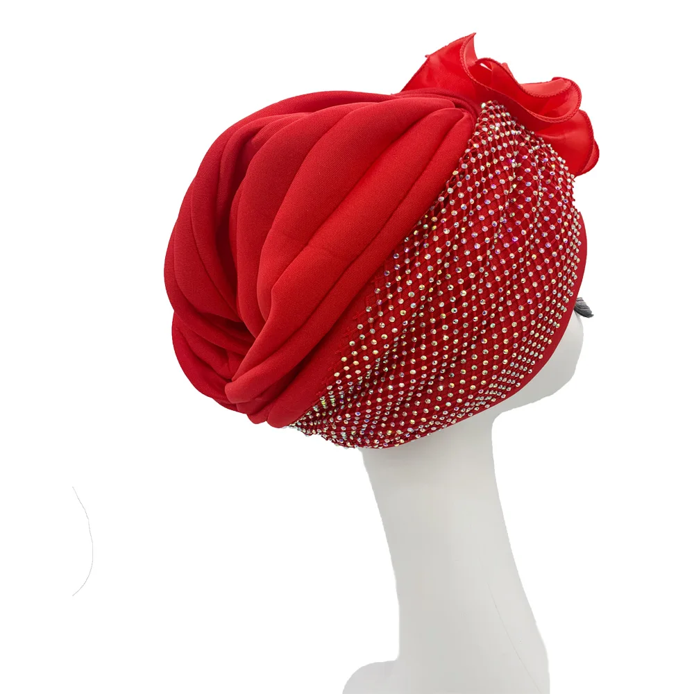 2023 New Diamonds Turban Cap for Women Ruffled African Lady Head Wraps Nigeria Party Headpiece Female Headscarf Bonnet