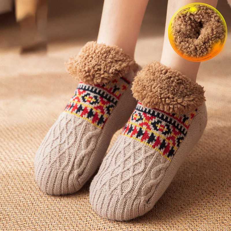 Winter Indoor Slippers Mens Floor Home Bedroom Sleeping Non-slip Knitted Adult Plus Fleece Warm Carpet LX241102