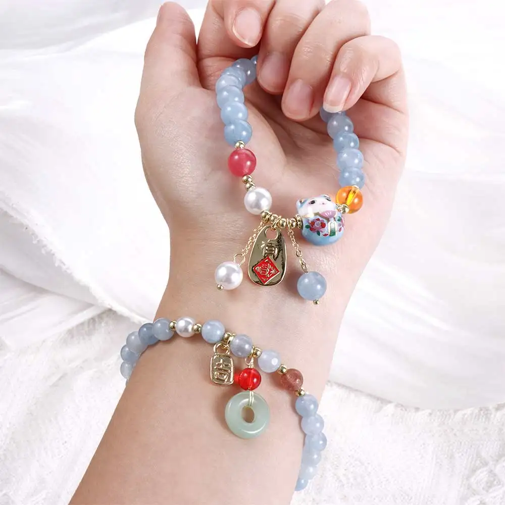 Blue Pearl Crystal Lucky Cat Pendant Jade Beaded Bracelet Bracelet Simple Ceramic Maneki Neko Retro Ethnic Style Bracelet