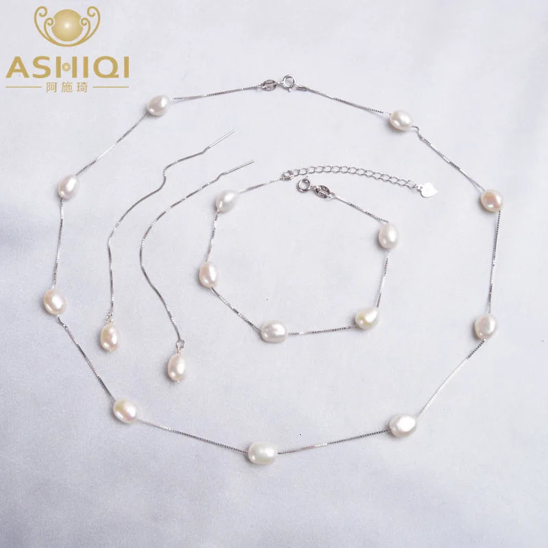 ASHIQI Natural Freshwater Pearl Jewelry Set 925 Pure Silver Necklace Bracelet 241031