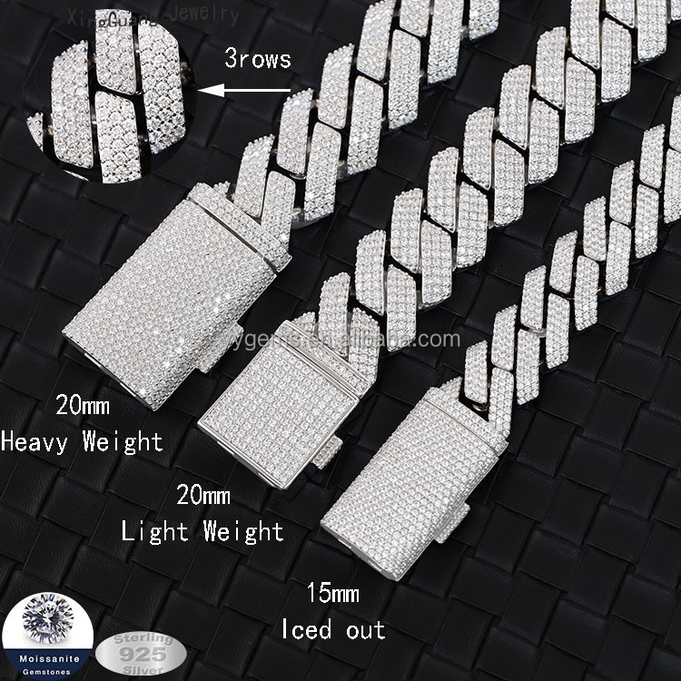 Fine jewelry necklaces bracelets 3 Rows 15mm 20mm dia hip hop Cuban k Chain VVS Moissanite sterg sier gold plate