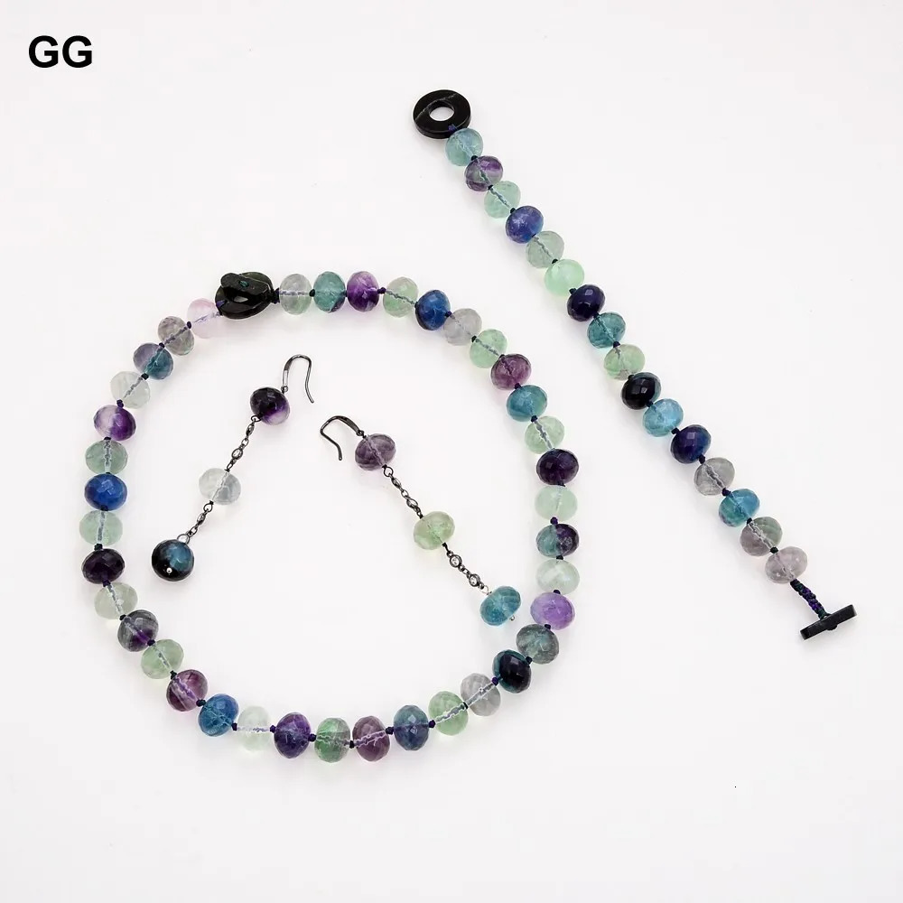GG Natural Green Purple Facial Rondelle Fluorite Gemstone Necklace Bracelet Earring Set 241031