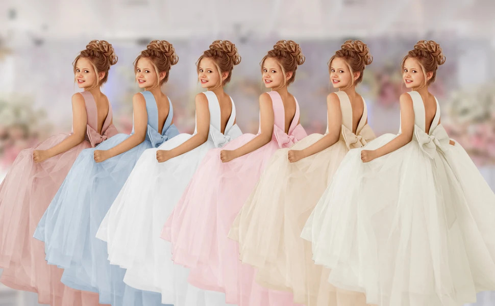 Flower Girls Dresses Tulle Princess Pageant Dress For Wedding Kids Pearls Prom Ball Gowns With Bowknot Girl 240403