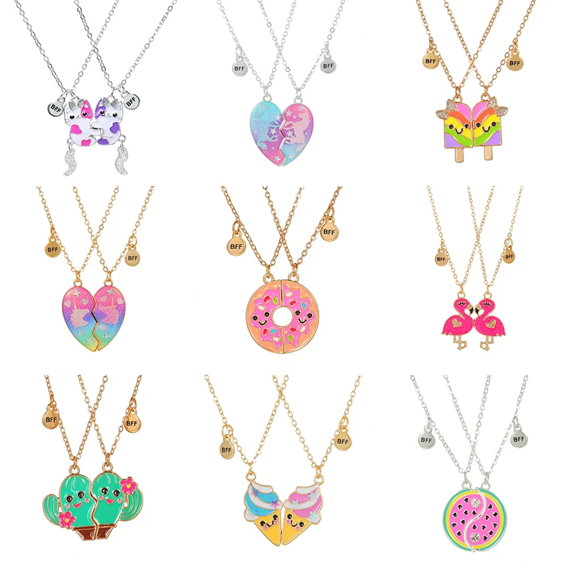Summer Style 2pcs/set Heart Unicorn Cat Animal Pendant Girl BFF Necklace for 2 Best Friends Kids Friendship Gifts