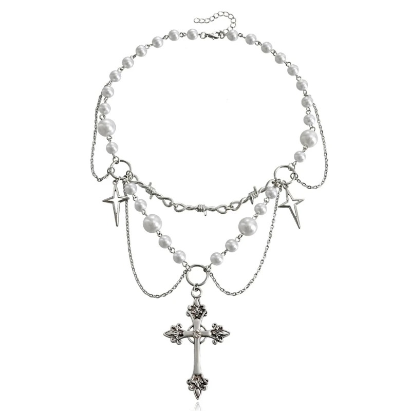 Victorian Gothic Cross Rosary Necklace With Chain Charm Handmade Sacred Pearl Beaded Necklace Layered Necklace