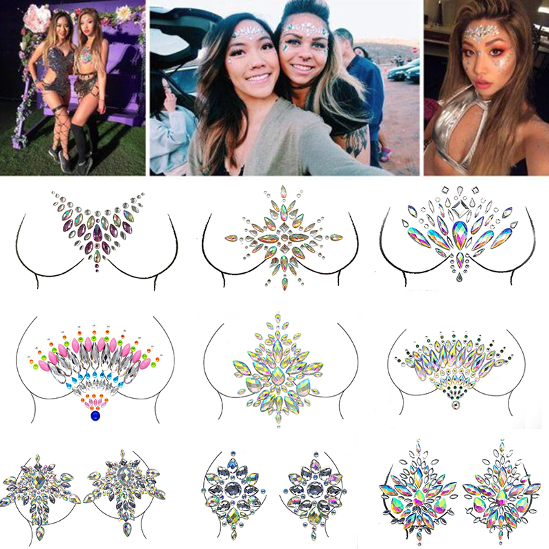 Women 3D Body Rhinestones Chest Acrylic Diamond Makeup Tattoo Sticker Face Jewels Self Adhesive Music Festival Decor DIY Beauty
