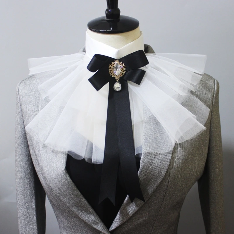 Womens Steampunk Colonial Jabot Necktie Victorian Layered Ruffle Mesh Tulle Neck Collar with Bowknot Costume Accessories