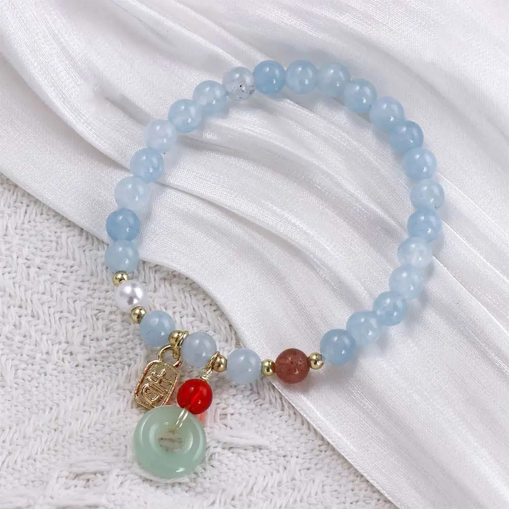 Blue Pearl Crystal Lucky Cat Pendant Jade Beaded Bracelet Bracelet Simple Ceramic Maneki Neko Retro Ethnic Style Bracelet