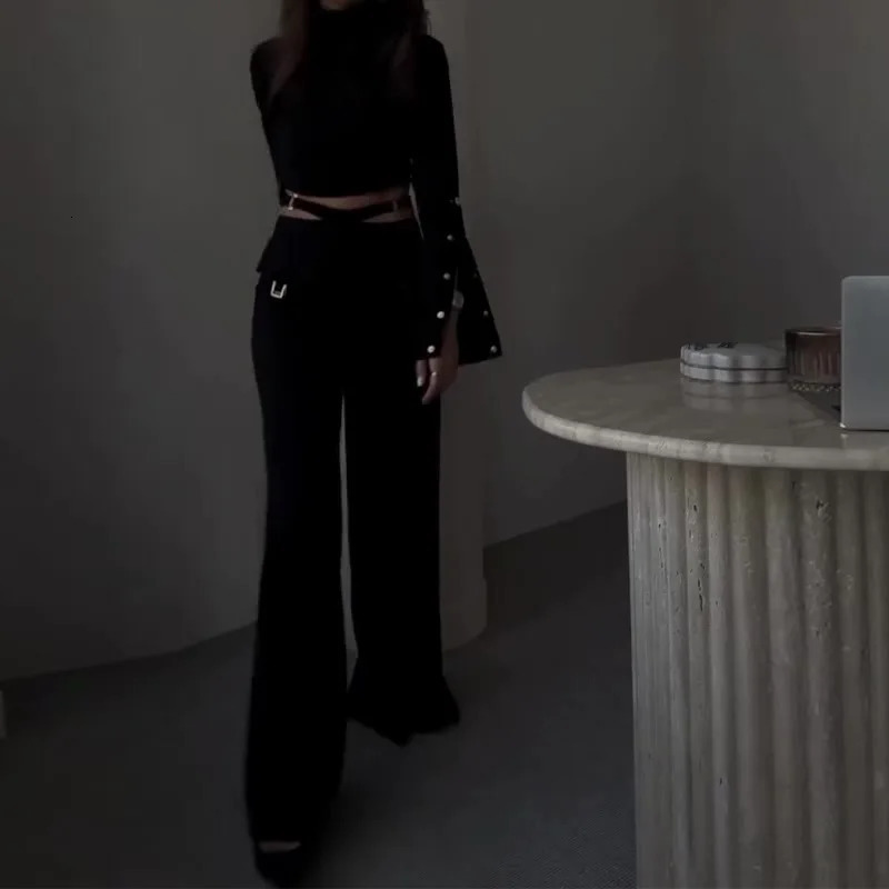 Womens pants set solid two-piece turtle neck full sleeved top sexy wide leg pants loose casual patchwork 241031