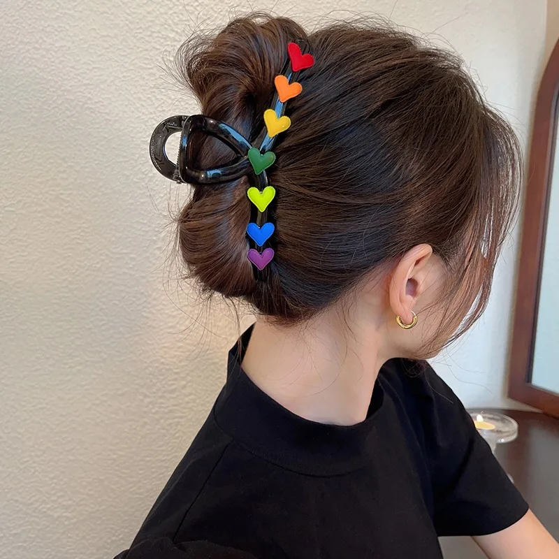 AWAYTR New Women Rainbow Love Large Hair Claw Clip Elegant Ponytail Hair Crab Shark Clip Girls Hairpin Clips Hair Accessories