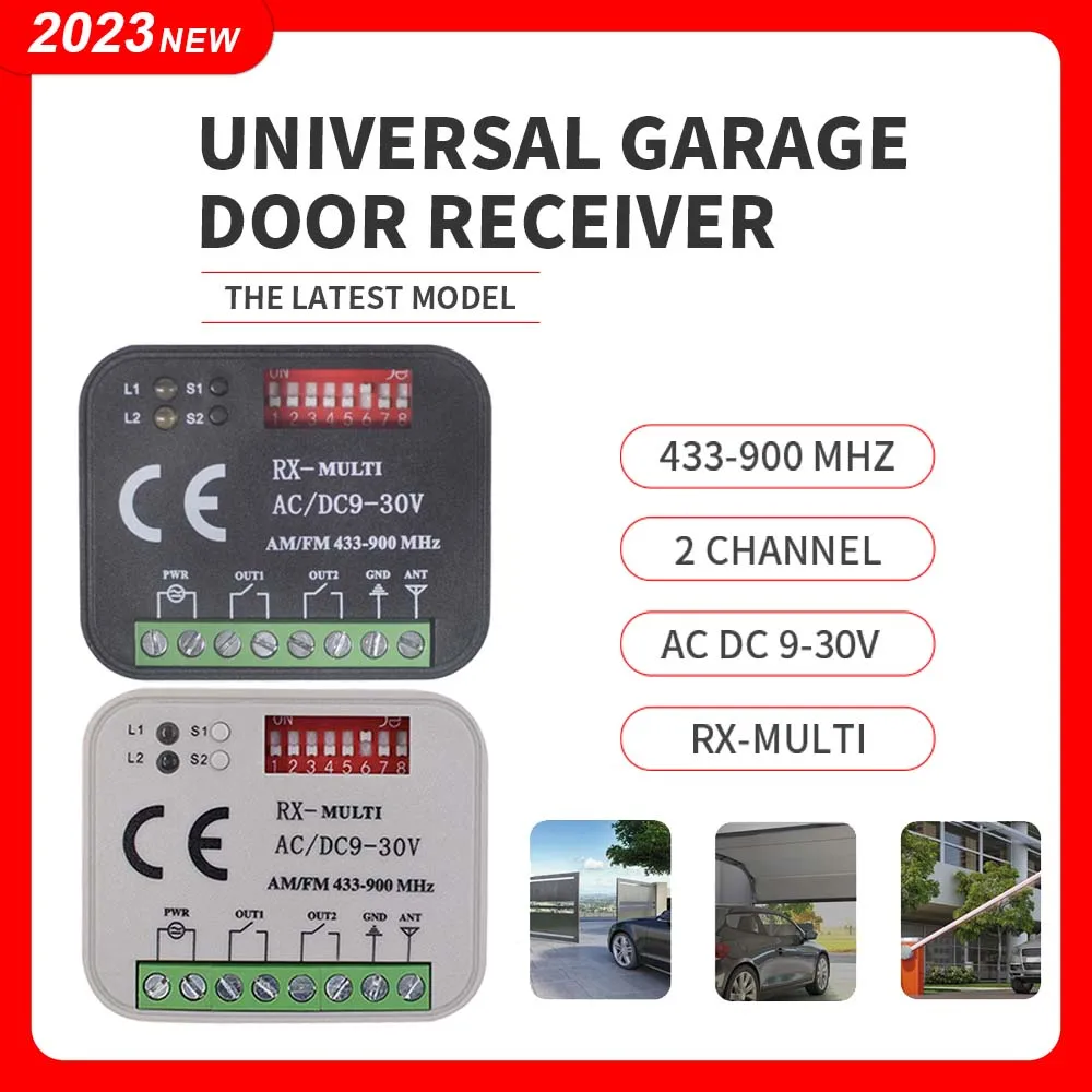 Universal RX Multi Frequency 300-900MHz Receiver 2CH AC/DC 9-30V Relay Module For Garage Door Remote Control 433.92MHz 868MHz