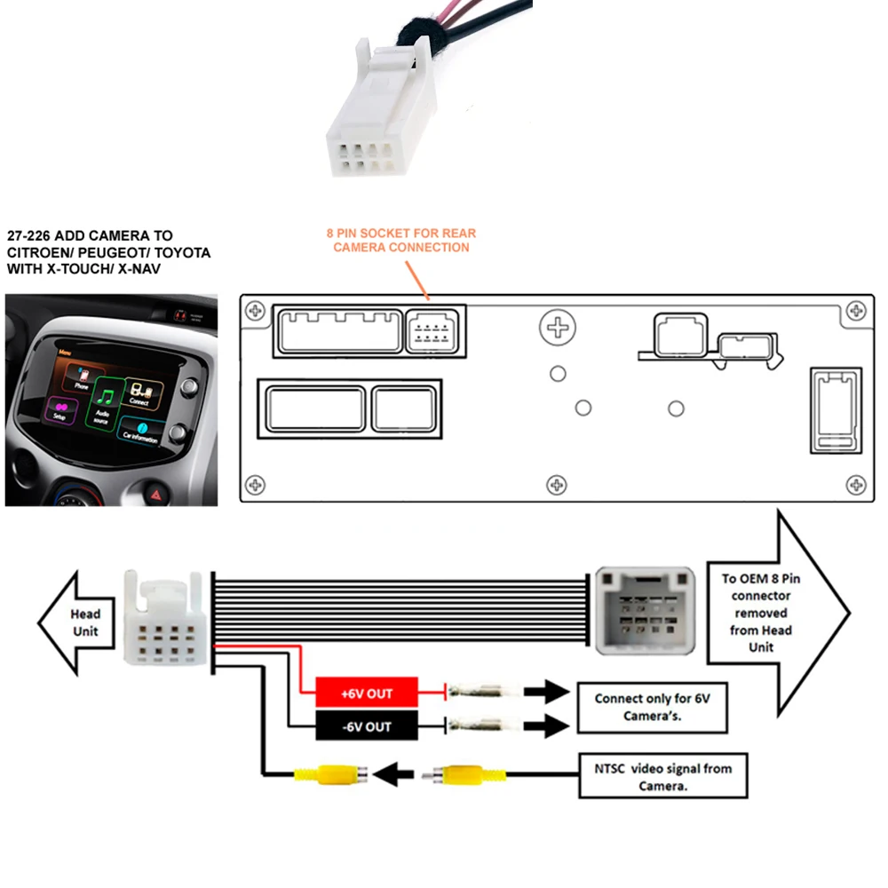 8 Pin Car Radio Reversing Rear Camera RCA Convertor 12V To 6V 5V Adapter Cable for Toyota Aygo Citroen C1 Peugeot 108 Android
