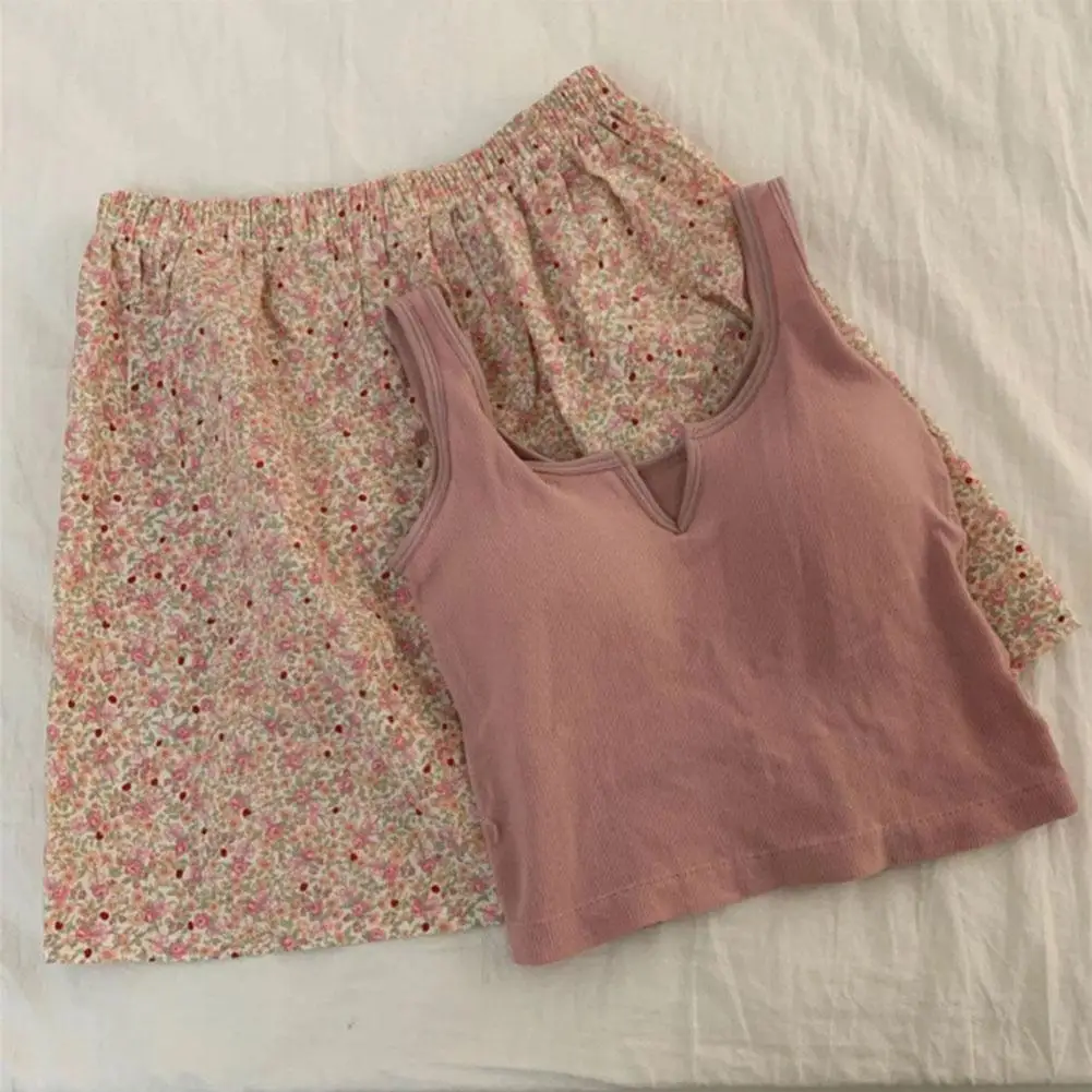 Small Fresh Floral Shorts V-neck Camisole Tops Set Women's Breathable Elastic Sling Base Tank Tops 2024 Summer New Home Clothes