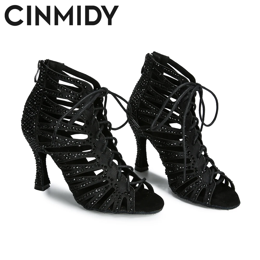 CINMIDY Black Dance Shoes For WomenT ango Salsa Latin Dance Shoes Cuban Heel Ballroom Dance Boots Red Party Shoes For Dancing