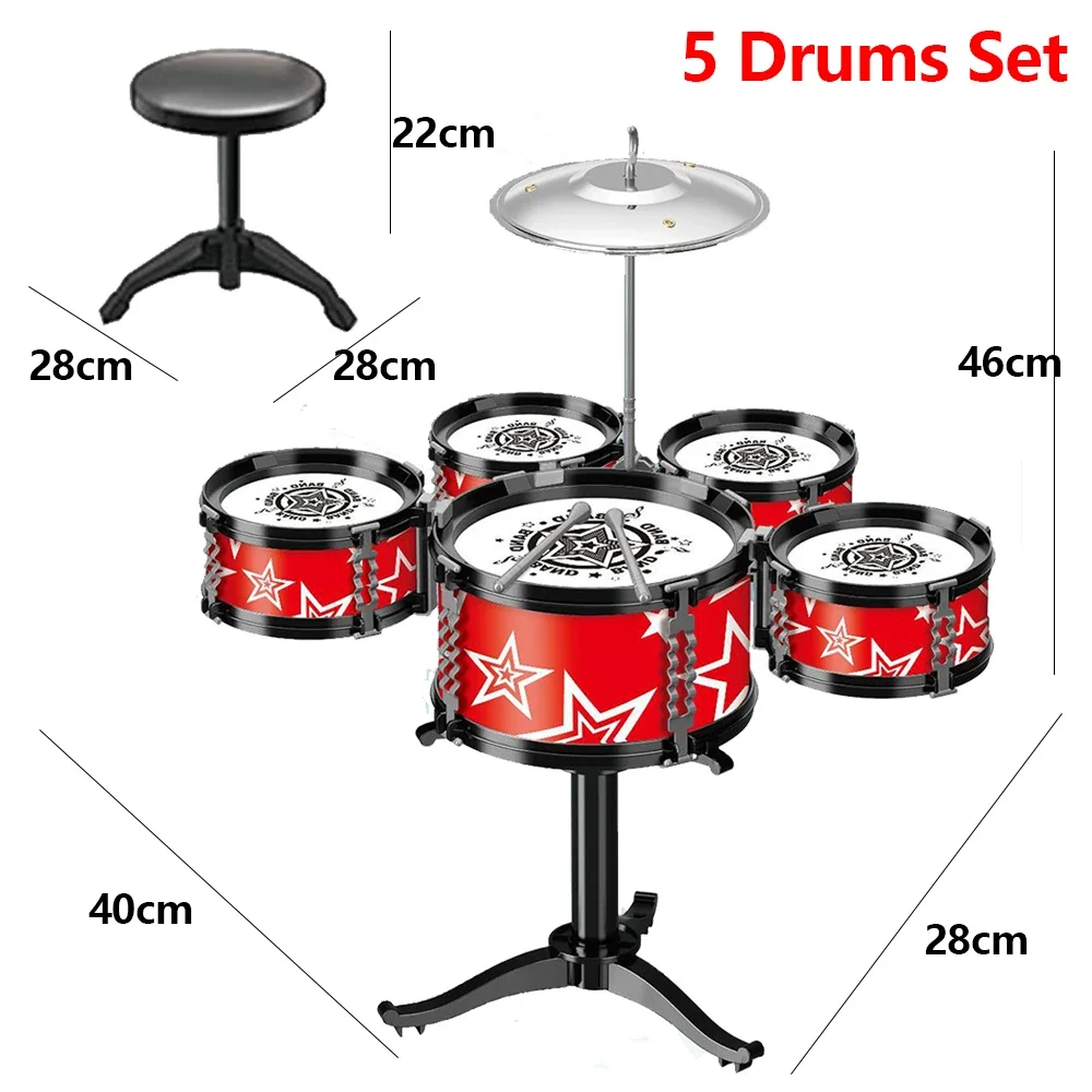 Jazz Drum Set for Kids 3 Drums / 5 Drums with Small Stool Drum Stick Set Music Instrument Educational Toys for Beginners Gifts
