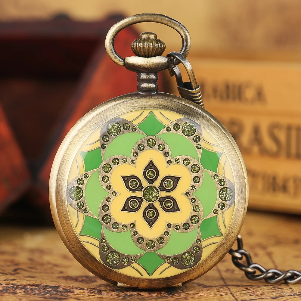 Retro Bronze Flower Pattern Design Mechanical Hand Winding Men's Pocket Watch with 30 cm Pocket Pendant Chain Antique Style Gift