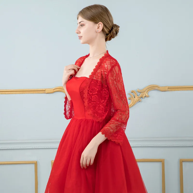 Red Women Floral new Lace Wraps 3/4 Long Sleeve White Lace Bolero Female Shrug Shawl Pink Wedding Bridal Capes 2025 Evening Party Jackets