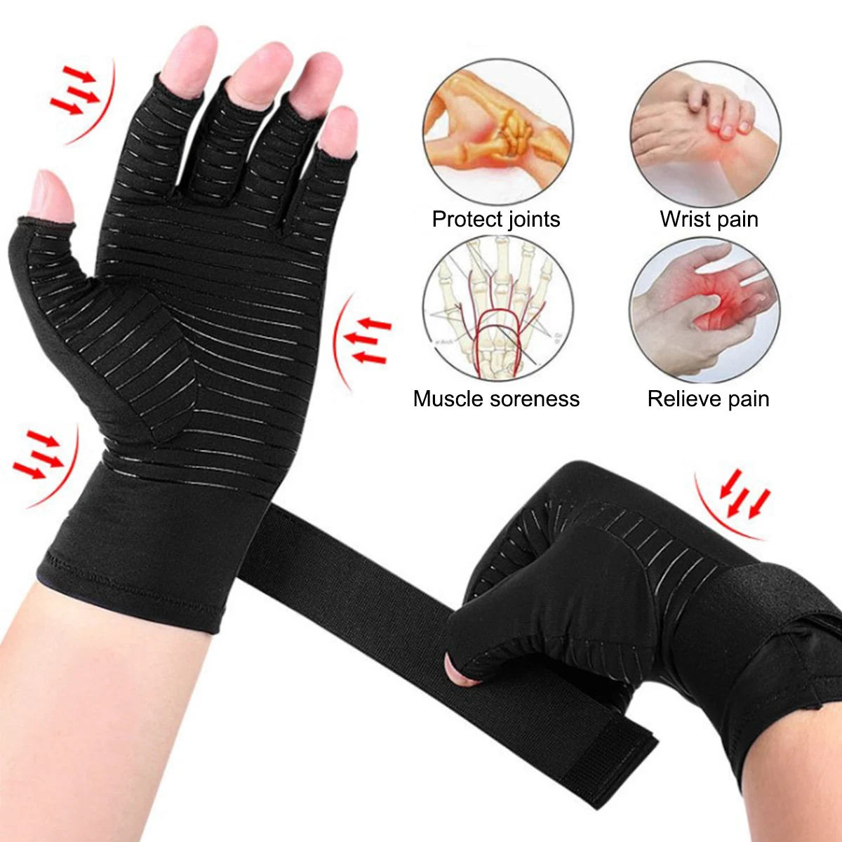 Arthritis Half Finger Gloves Copper Fiber Pressure Joint Pain Relief Half Finger Gloves Treatment Wrist Support Non-slip Gloves