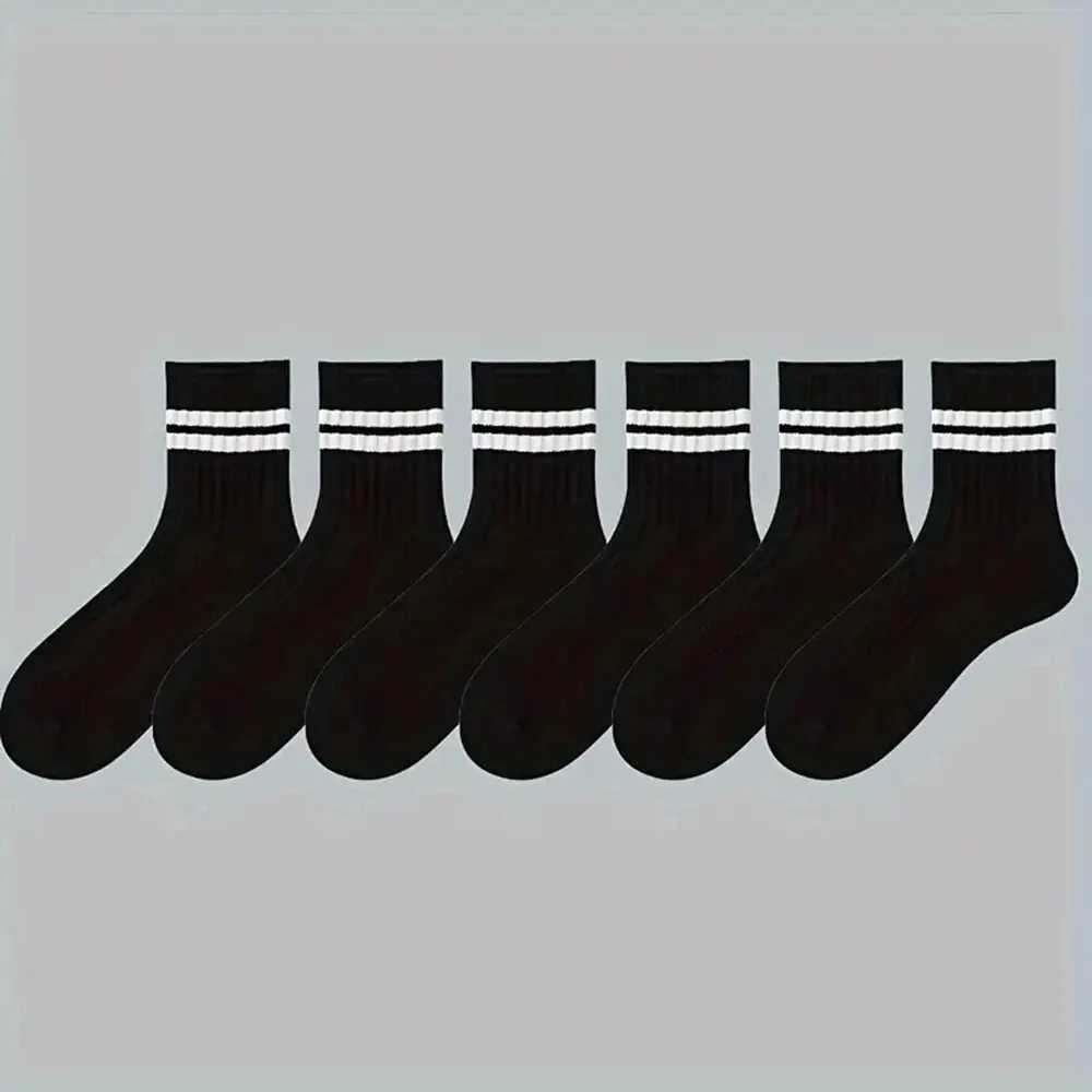 6 Pairs Mens Spring Autumn Simple Casual Black White Striped Breathable Mid Tube Sock High-quality Round Neck LX241102