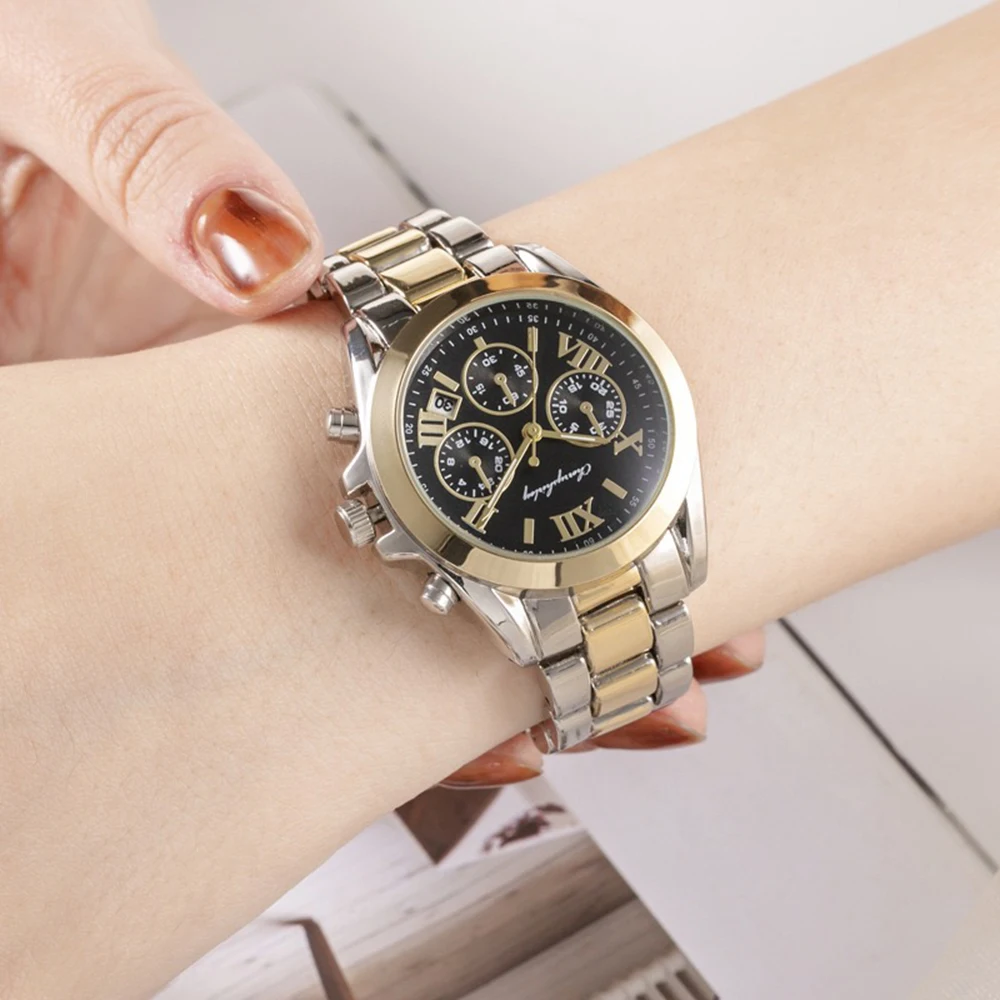 6Pcs Set Couple Watch Men Women Quartz Watch Luxury Three Eyes Steel Wristwatch Men's Bracelet Women's Earring Necklace With Box