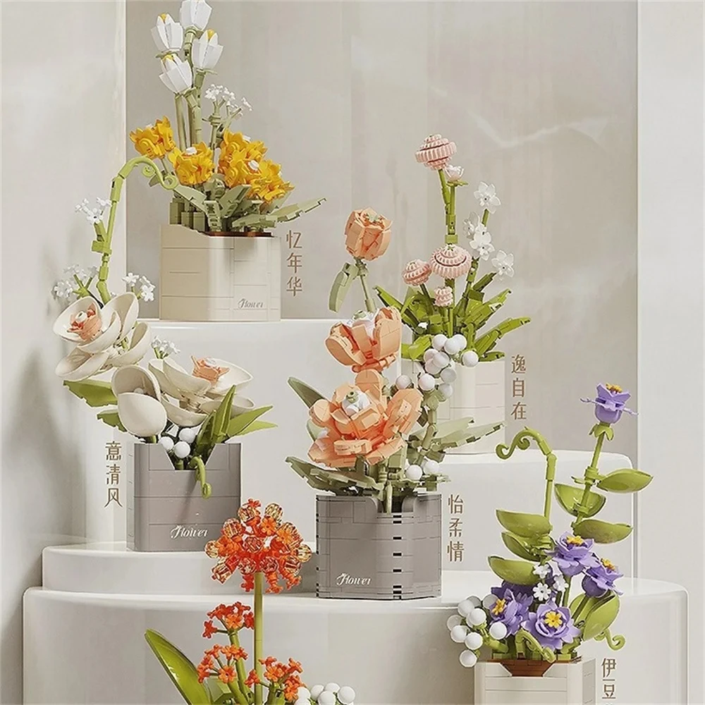 2024 City Creativity Flower Bouquet Flower Basket Potted Succulent Plants Model Mini Building Blocks Bricks Children'S Toys Gift