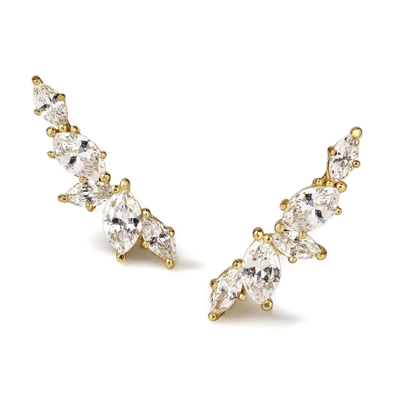 Huitan Simple Stylish Leaf Stud Earrings with Crystal Cubic Zirconia Exquisite Women Ear Piercing Accessories Versatile Jewelry