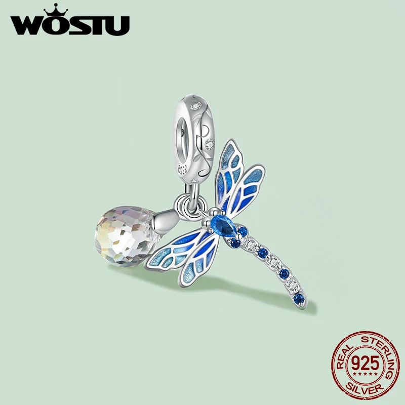 WOSTU 925 Sterling Silver Glow in the dark Firefly Charms Dragonfly Crytal Pendant Flower Beads Fit DIY Bracelet Necklace Gift