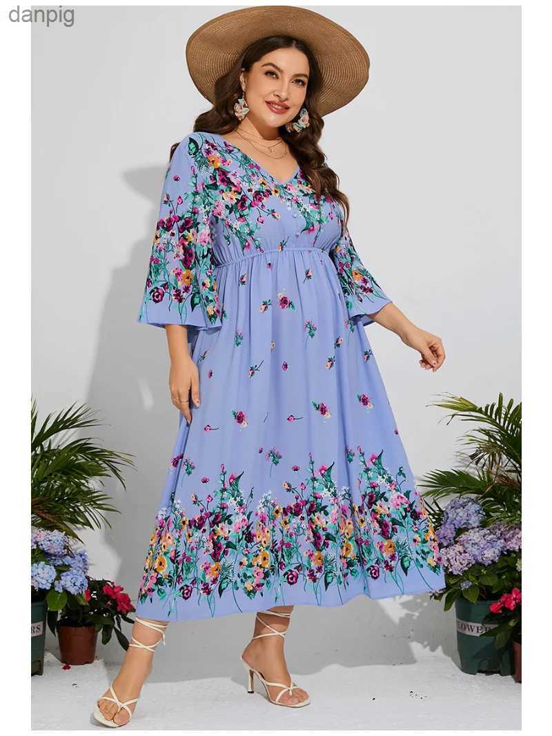 Urban Sexy Dresses Xxxl 4xl Plus Size Dress Womens 2023 Summer V-neck Flower Print High Waist Casual Dress Long Bohemian Beach Dress Y240402