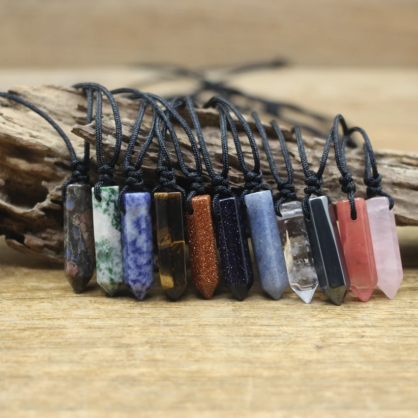 Healing Crystal Quartz Hexagonal Point Pendant Necklace Gems Stone Stick Bullet Knot Jewelry For Men Adjustable Size QC3336