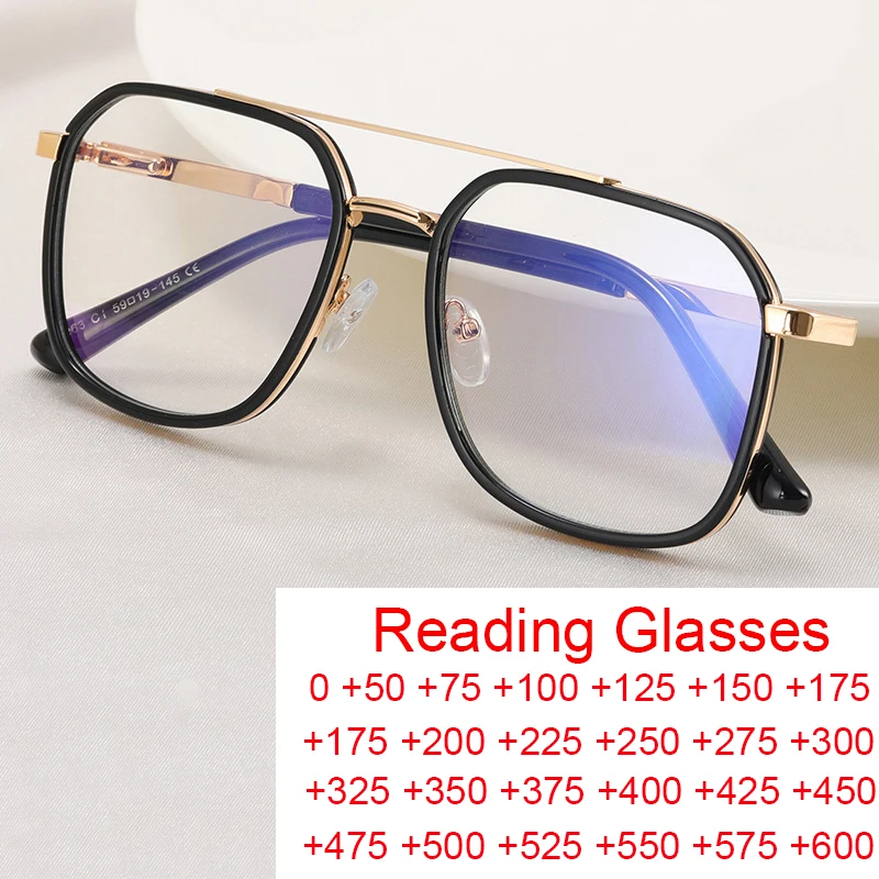 Retro Square Metal Big Frame Eyewear +1.75 Men Reading Glasses Stylish Designer Double Bridge Anti Blue Light Hyperopia Glasses