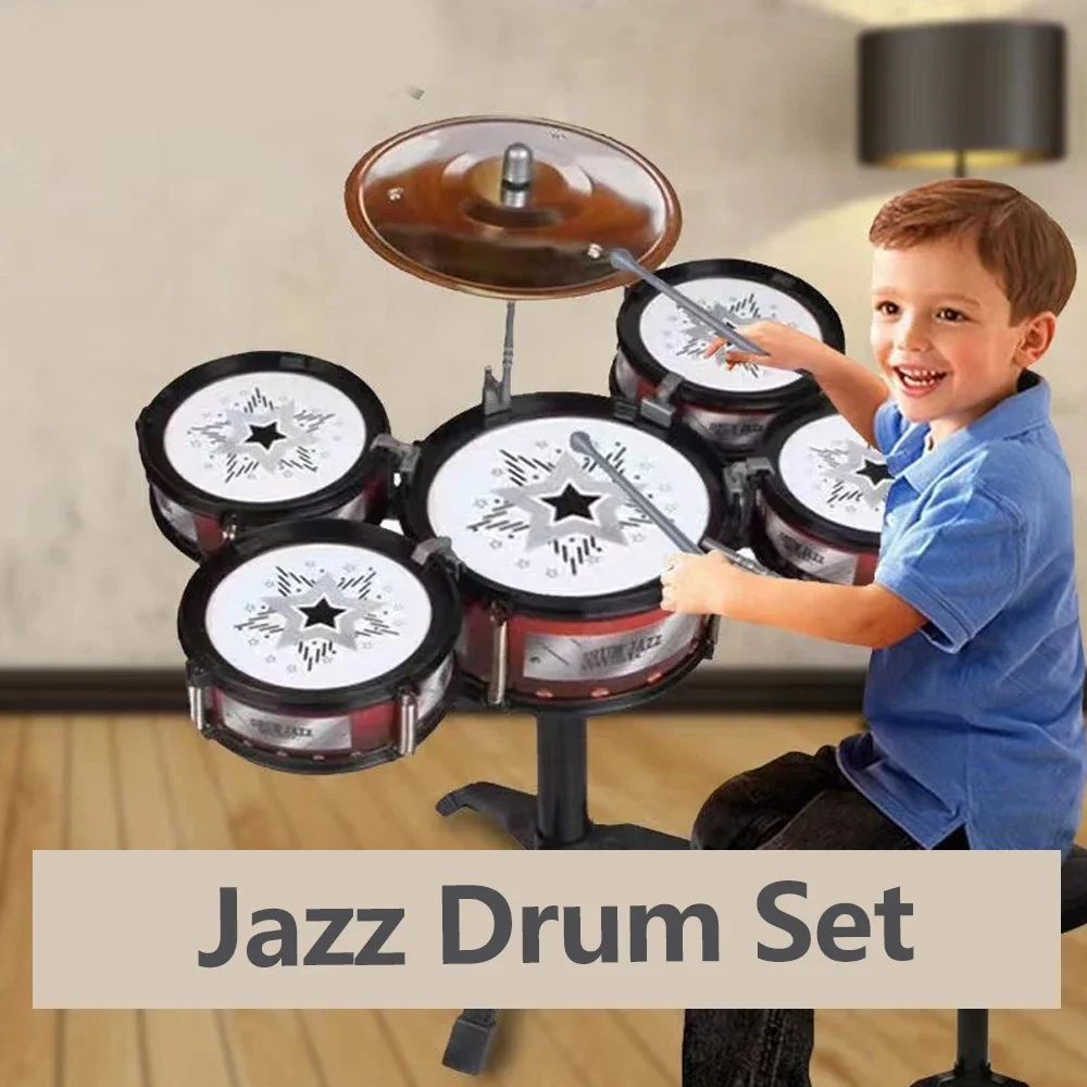Jazz Drum Set for Kids 3 Drums / 5 Drums with Small Stool Drum Stick Set Music Instrument Educational Toys for Beginners Gifts