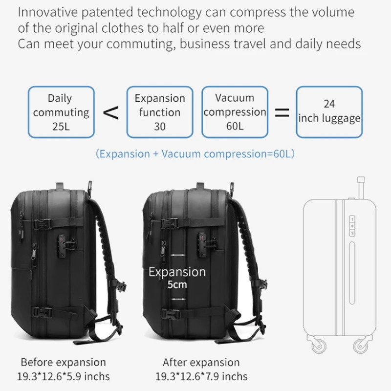 Airback vacuum compression backpack with vacuum pump 60L expandable travel backpack suitable for men women and airline approved business bags 241031