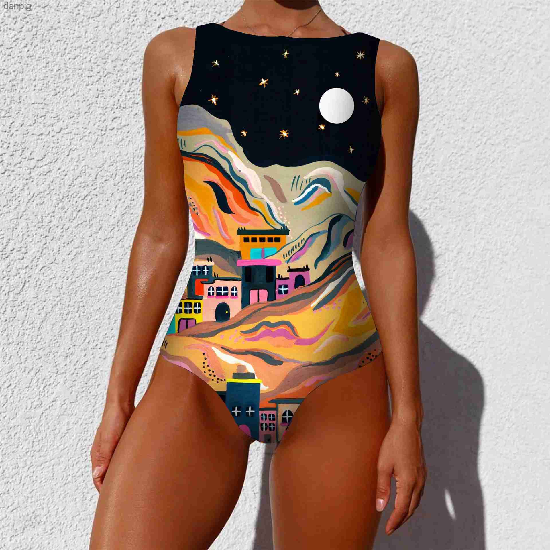 Women's Swimwear 2024 New Printed One-piece Swimsuit Classic Printed Lace Up Swimsuit Womens Push Up Flower One-piece Suit Beach Wear For Female 