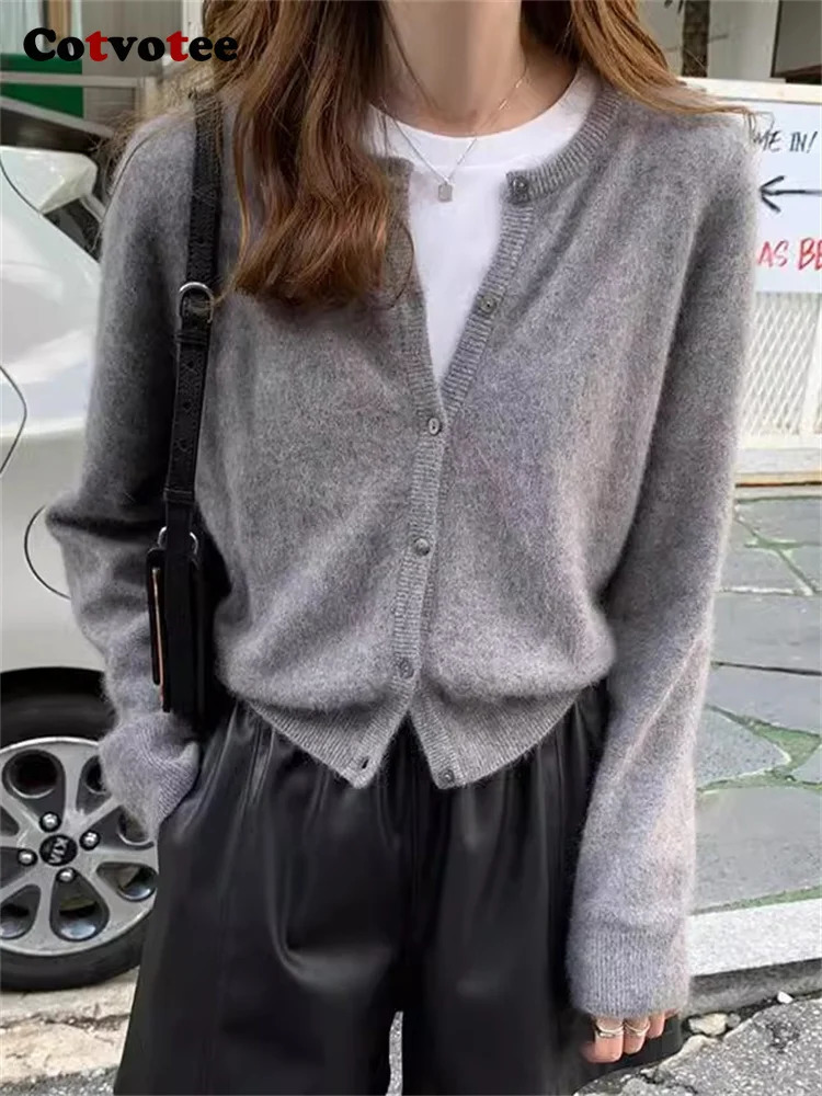 Womens knitted cardigan wool sweater Korean fashion button up basic slim fit sweater elegant and unique autumn and winter navy blue gray Mu top 241031