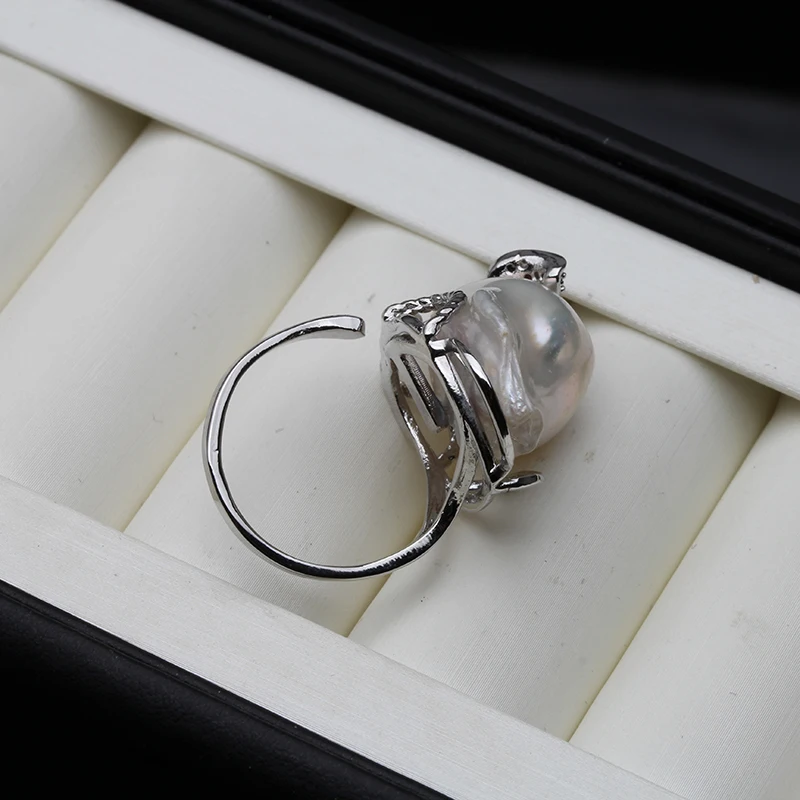 100% Real Freshwater Natural Baroque Pearl Ring For Women,wedding Adjustable Big Pearl Ring Female White