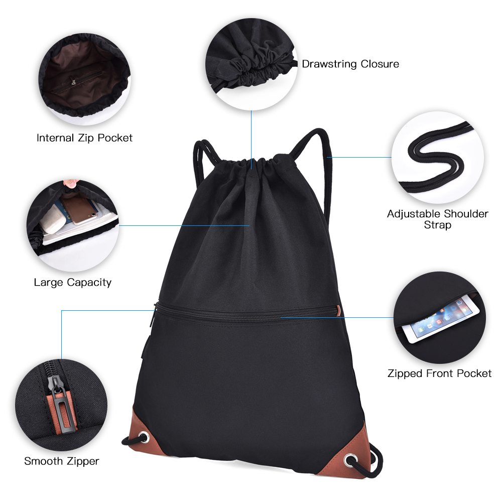 Gym Sack Drawstring Backpack Water-resistant Drawstring Bucket Bag with Zipper Pockets Light Sack for Adults and Teenagers Kids