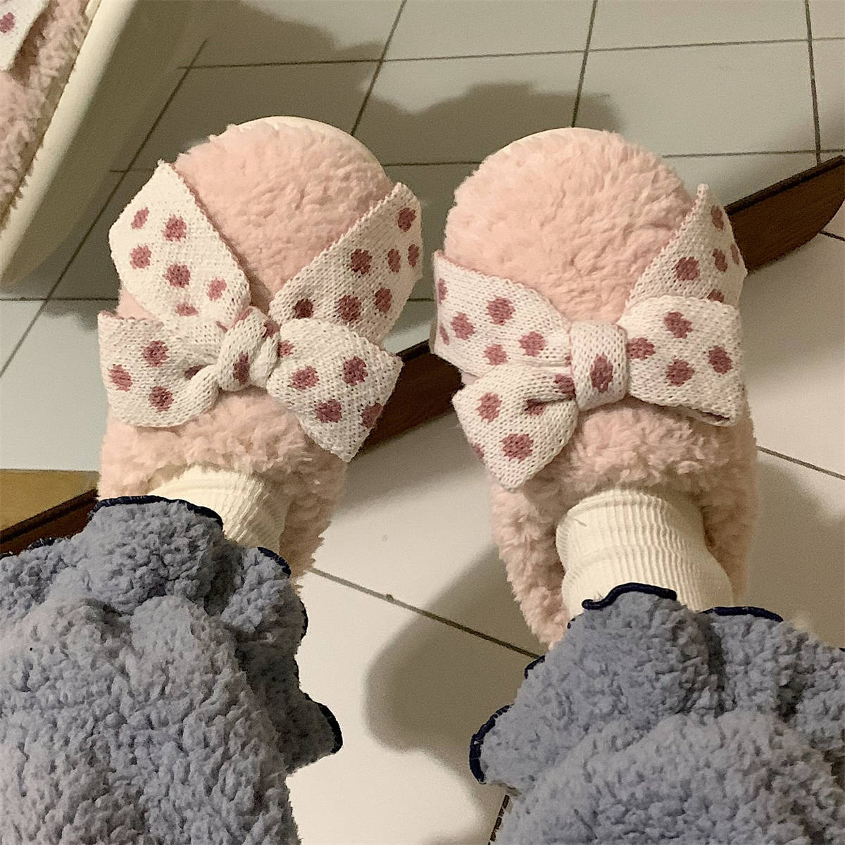 Bow Winter toe wrap Warm cotton slippers Soft-soled slippery women's indoor floor flat house non-slip shoes