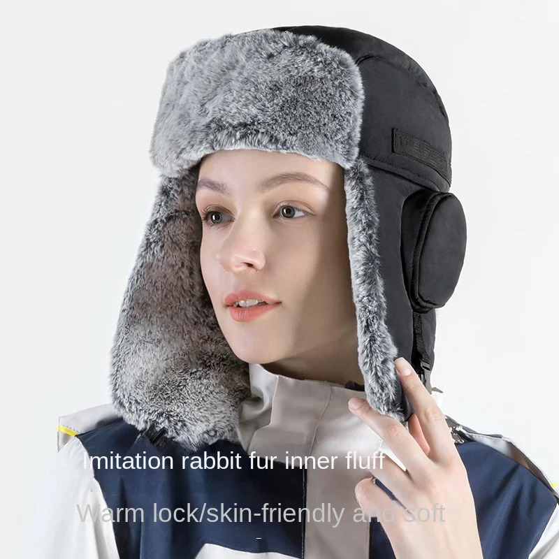 Mens winter hunting hat warm artificial rabbit fur pilot hat Russian cavalry hunting hat with earrings for outdoor skiing in cold weather 241031