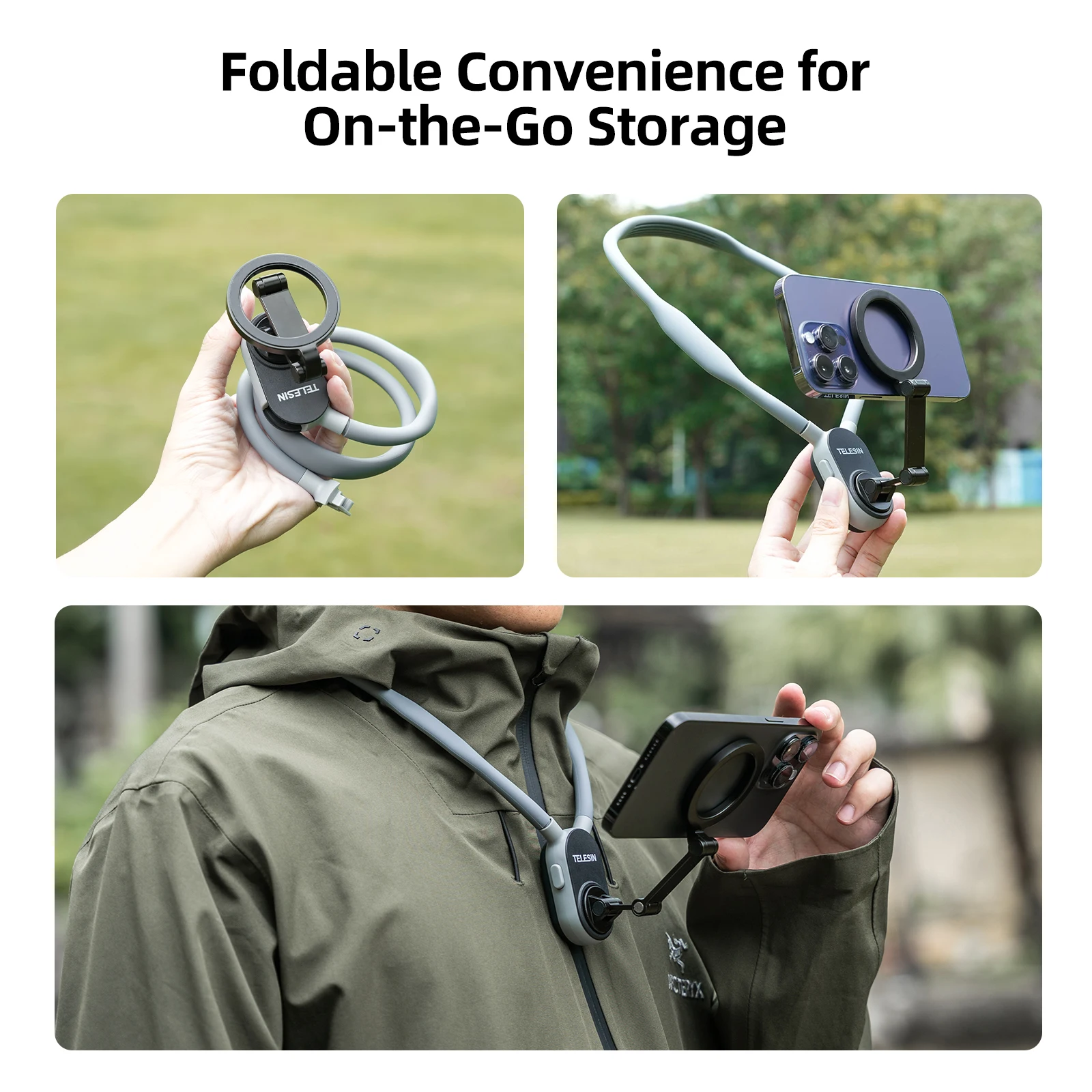 TELESIN Magnetic Neck Holder Mount Necklace MagSafe Tripod Grip for Smartphones Iphone 12 13 14 15 Android Sumsung Accessory