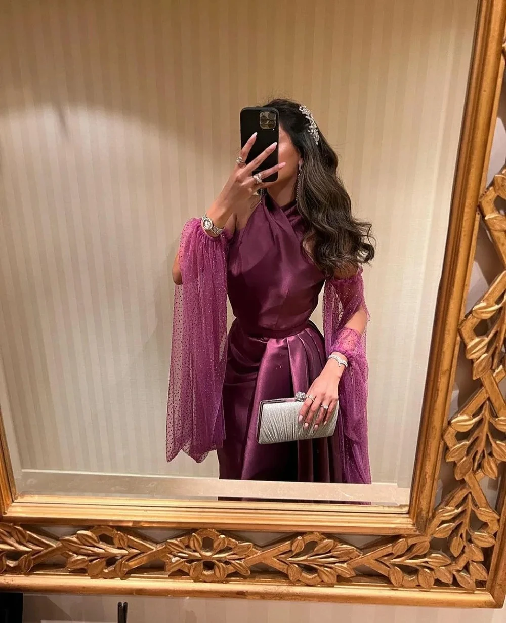 Aenyrst Elegant Halter Neck Wedding Party Bridal Formal Dresses Purple Strench Satin Evening Dresses Pleats Long Prom Gowns