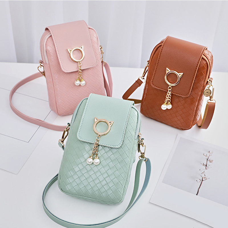 Leather Women Mini Cross-body Mobile Phone Shoulder Bag Woven Pearl Tassel Cover-style Female Bag Shoulder Diagonal Bag