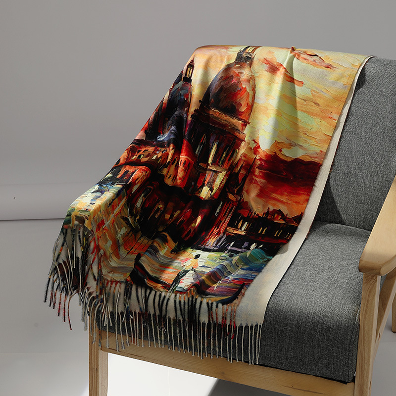 Luxury Brand Oil Painting Cashmere Scarf for Women Warm Winter Pashmina Printed Shawl Foulard Femme Blanket Scarves Wraps